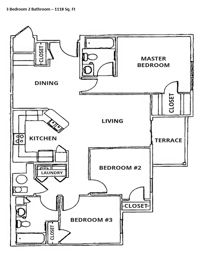 Floor plan for 3 beds, 2 baths, 1118 sqft